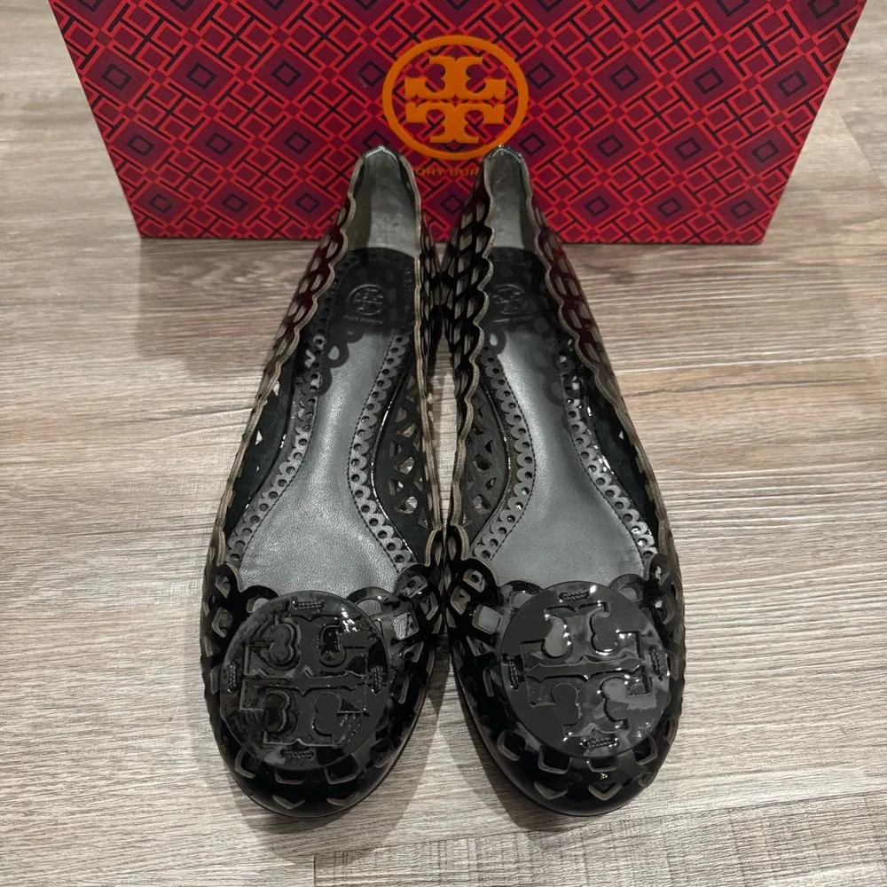 Tory Burch Mira Soft Black Patent Leather Logo Ballet Flats
